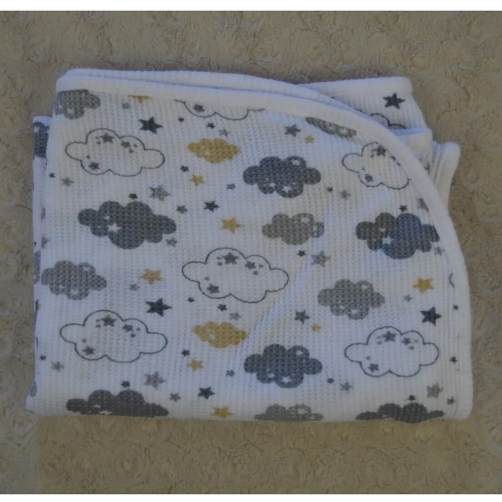 Parent's Choice Clouds Stars Baby Blanket Thermal Waffle Weave Gray White Tan